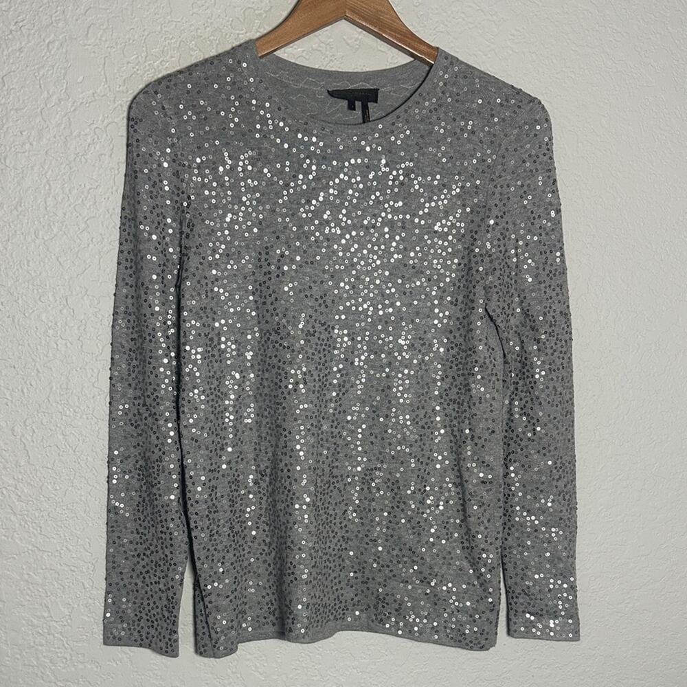 NEW Donna Karan New York Gray Sequin Top Long Sleeve Sparkle Preppy Holiday